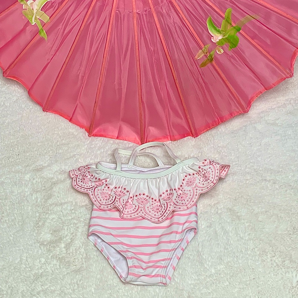JANIE AND JACK PINK AND WHITE RUFFLE TOP CRISSCROSS STRAPS ONE PIECE SWIMSUIT